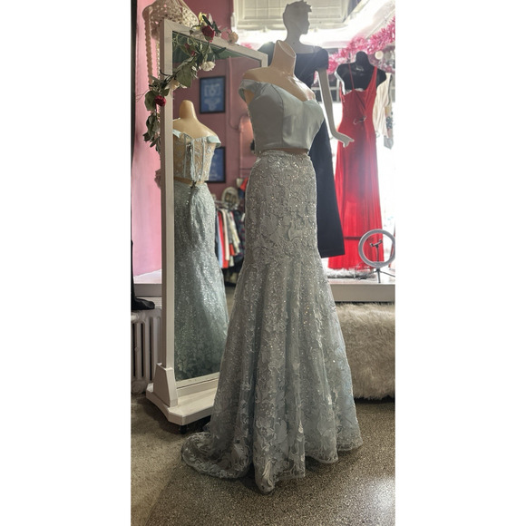 Ellie Wilde by Mon Cheri 2 pc Prom Dress Set Cropped Blue Lace Shimmer M - Picture 4 of 12